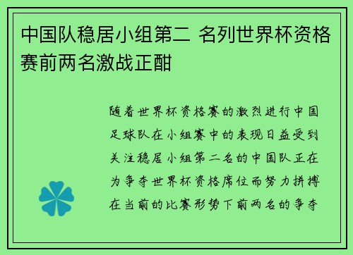 中国队稳居小组第二 名列世界杯资格赛前两名激战正酣