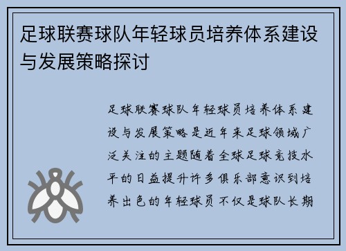 足球联赛球队年轻球员培养体系建设与发展策略探讨